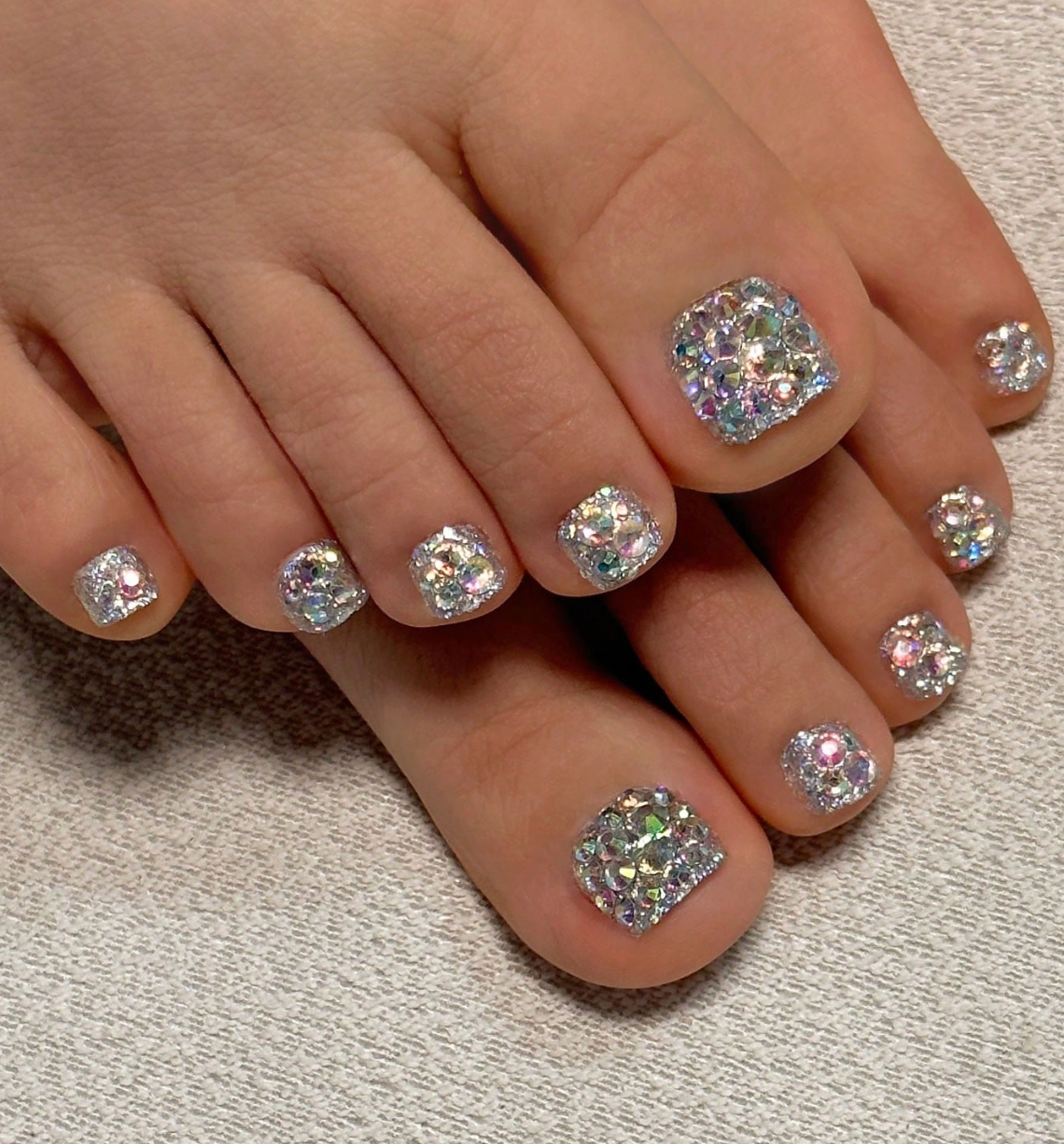 24PCS Square Press On Toenails with Crystal Rhinestones Summer Pedicure Fake Toe Nails Set