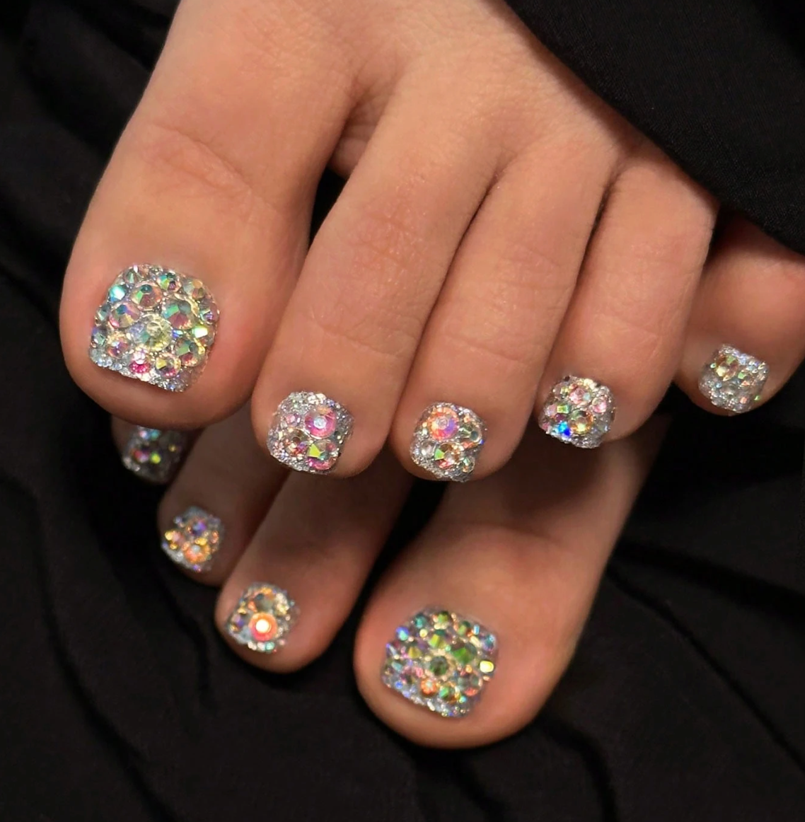 24PCS Square Press On Toenails with Crystal Rhinestones Summer Pedicure Fake Toe Nails Set