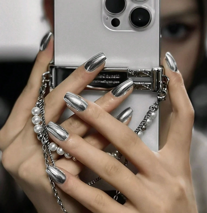 24PCS Metallic Chrome Pink Press On Nails Short Square Reusable Fake Nails Set