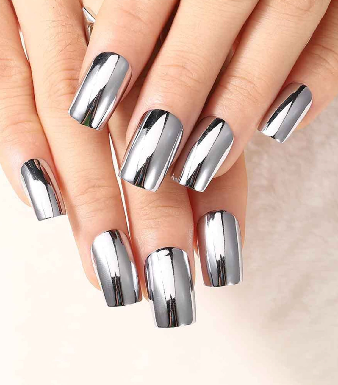 24PCS Metallic Chrome Pink Press On Nails Short Square Reusable Fake Nails Set