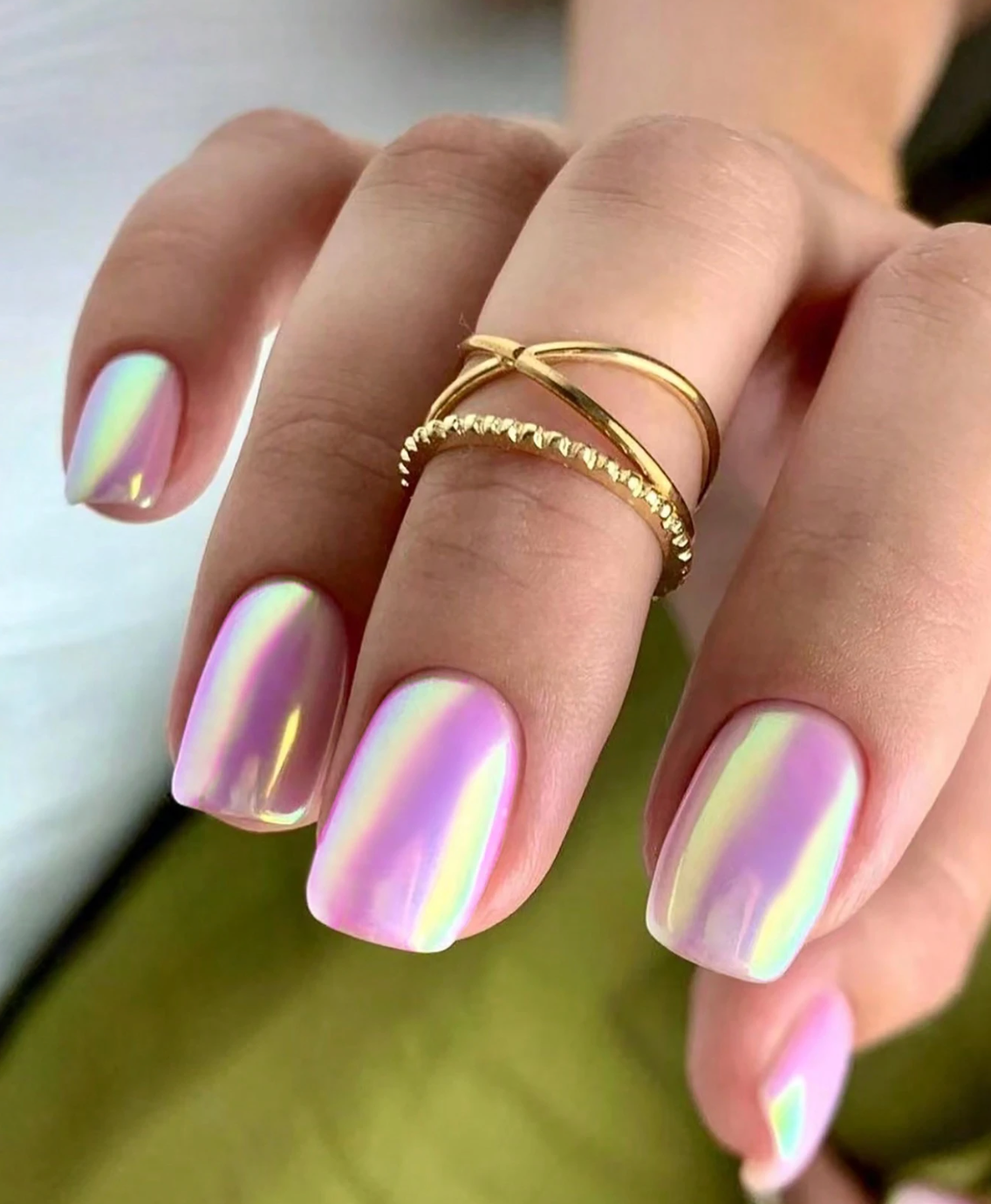 24PCS Metallic Chrome Pink Press On Nails Short Square Reusable Fake Nails Set