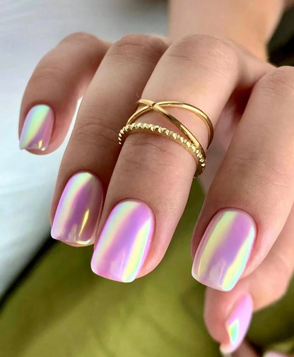 24PCS Metallic Chrome Pink Press On Nails Short Square Reusable Fake Nails Set