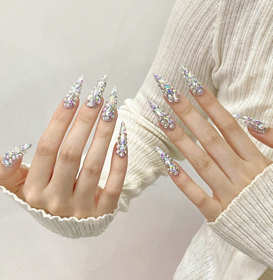 10PCS Luxury Crystal Full Cover Press On Nails Long Pointed Handmade Fake Nails