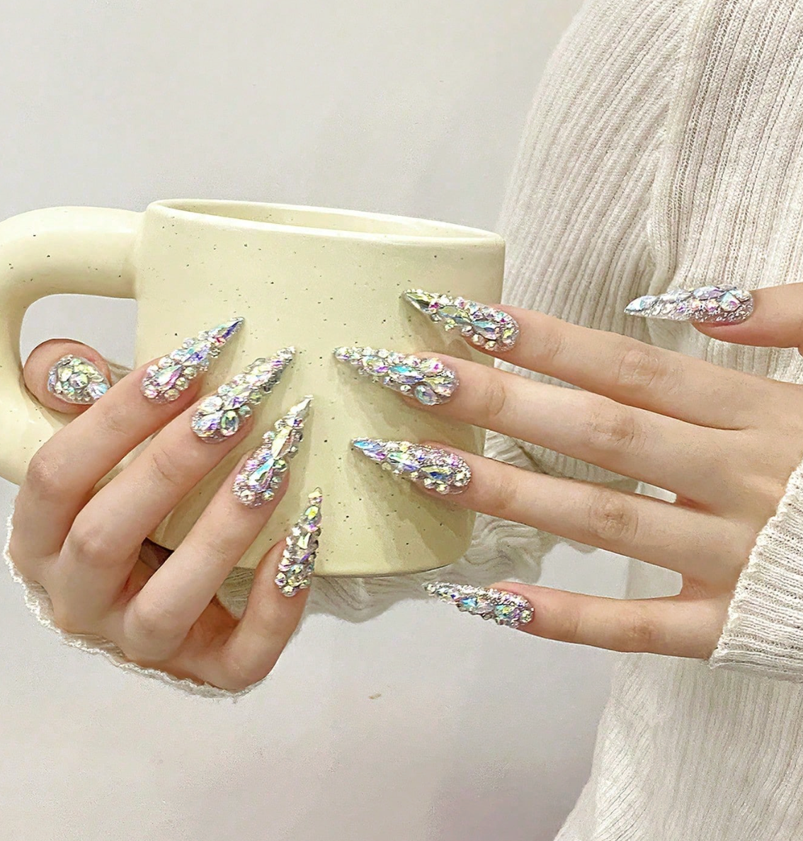 10PCS Luxury Crystal Full Cover Press On Nails Long Pointed Handmade Fake Nails