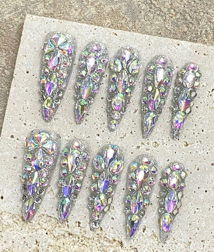 10PCS Luxury Crystal Full Cover Press On Nails Long Pointed Handmade Fake Nails