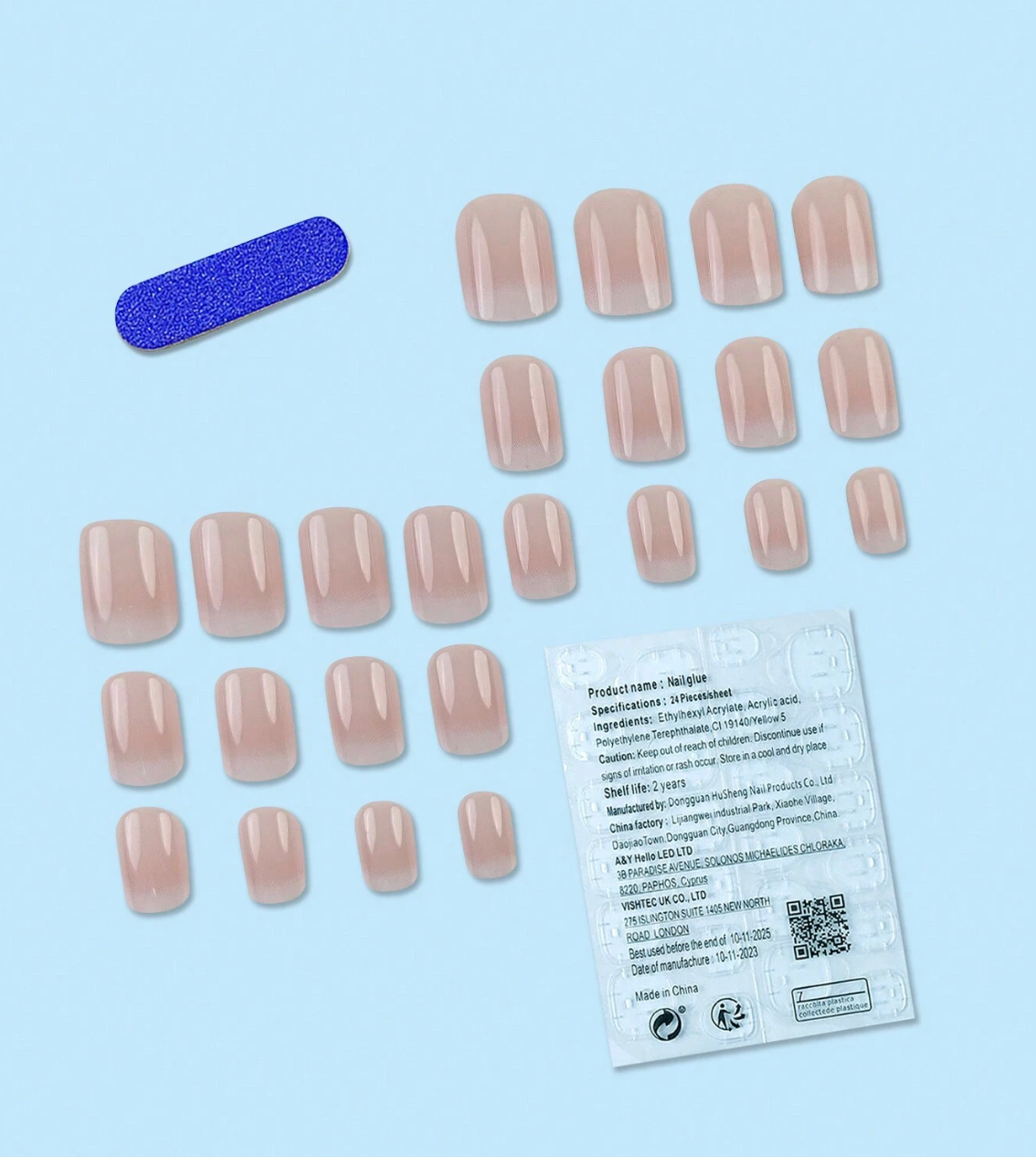 24PCS Y2K Blue Ombre French Press On Nails Short Square Glitter Rhinestone Design