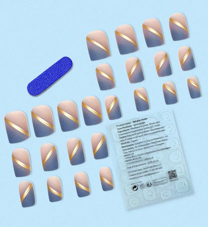 24PCS Y2K Blue Ombre French Press On Nails Short Square Glitter Rhinestone Design