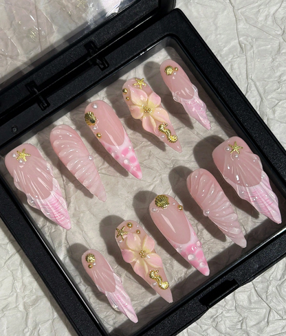 10PCS Handmade Y2K Pink French Press On Nails Long Pointed 3D Shell Starfish Design