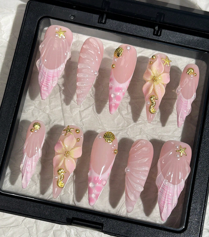 10PCS Handmade Y2K Pink French Press On Nails Long Pointed 3D Shell Starfish Design