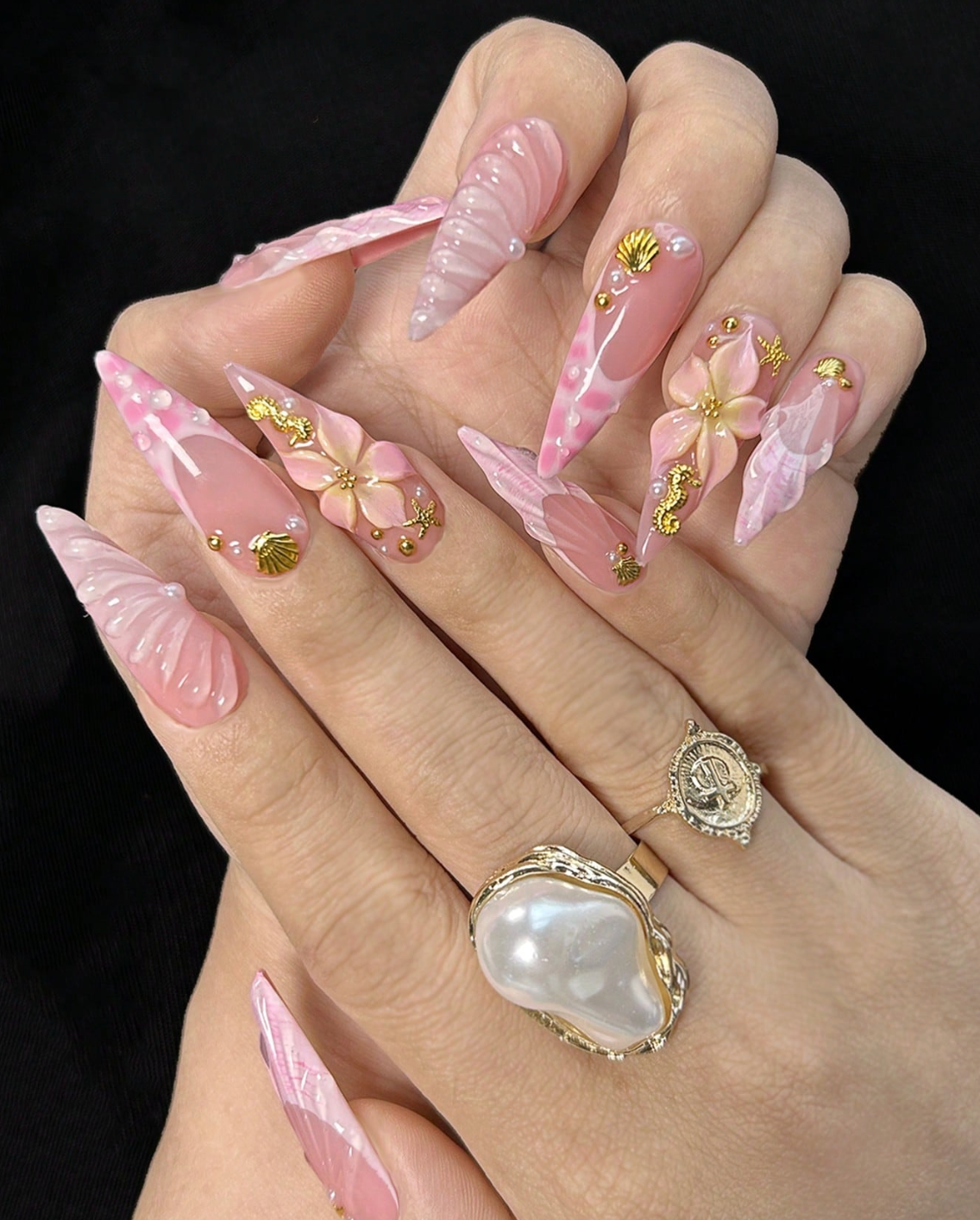 10PCS Handmade Y2K Pink French Press On Nails Long Pointed 3D Shell Starfish Design