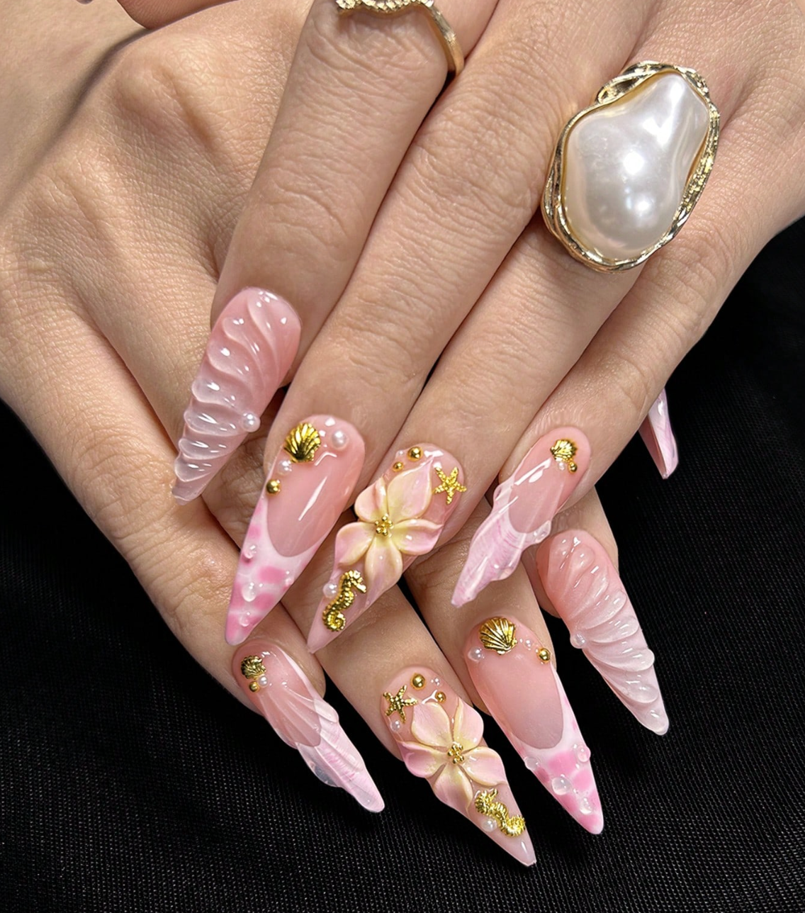 10PCS Handmade Y2K Pink French Press On Nails Long Pointed 3D Shell Starfish Design