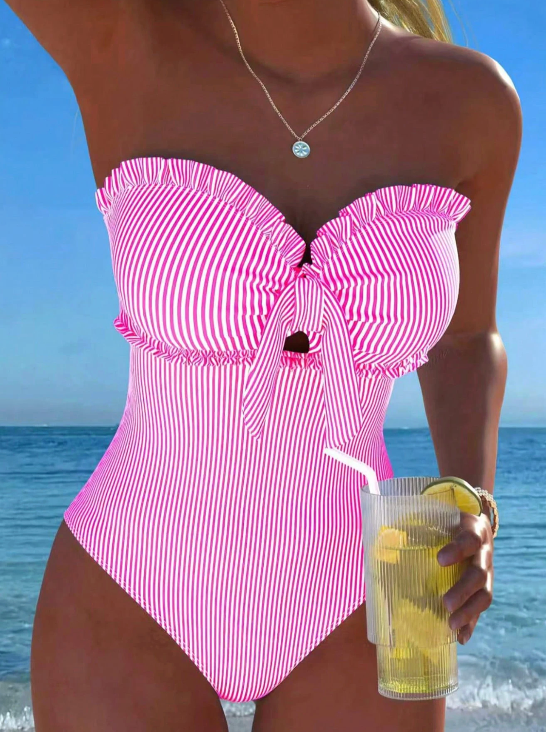 Brighton Stripe & Lace One-Piece - Elegant Bow Detail Swimsuit with Detachable Straps