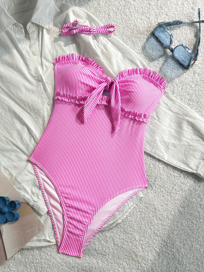 Brighton Stripe & Lace One-Piece - Elegant Bow Detail Swimsuit with Detachable Straps