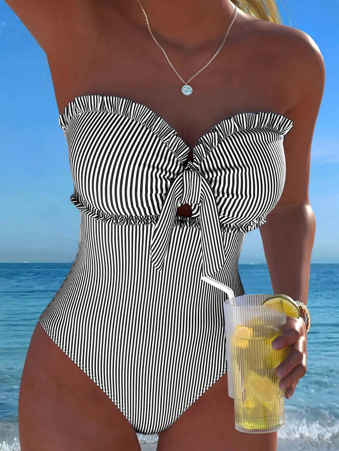 Brighton Stripe & Lace One-Piece - Elegant Bow Detail Swimsuit with Detachable Straps