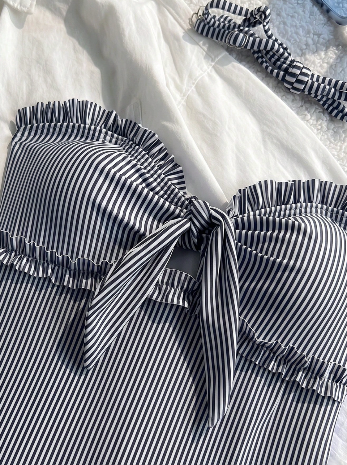 Brighton Stripe & Lace One-Piece - Elegant Bow Detail Swimsuit with Detachable Straps