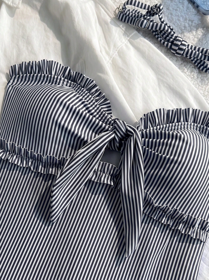 Brighton Stripe & Lace One-Piece - Elegant Bow Detail Swimsuit with Detachable Straps