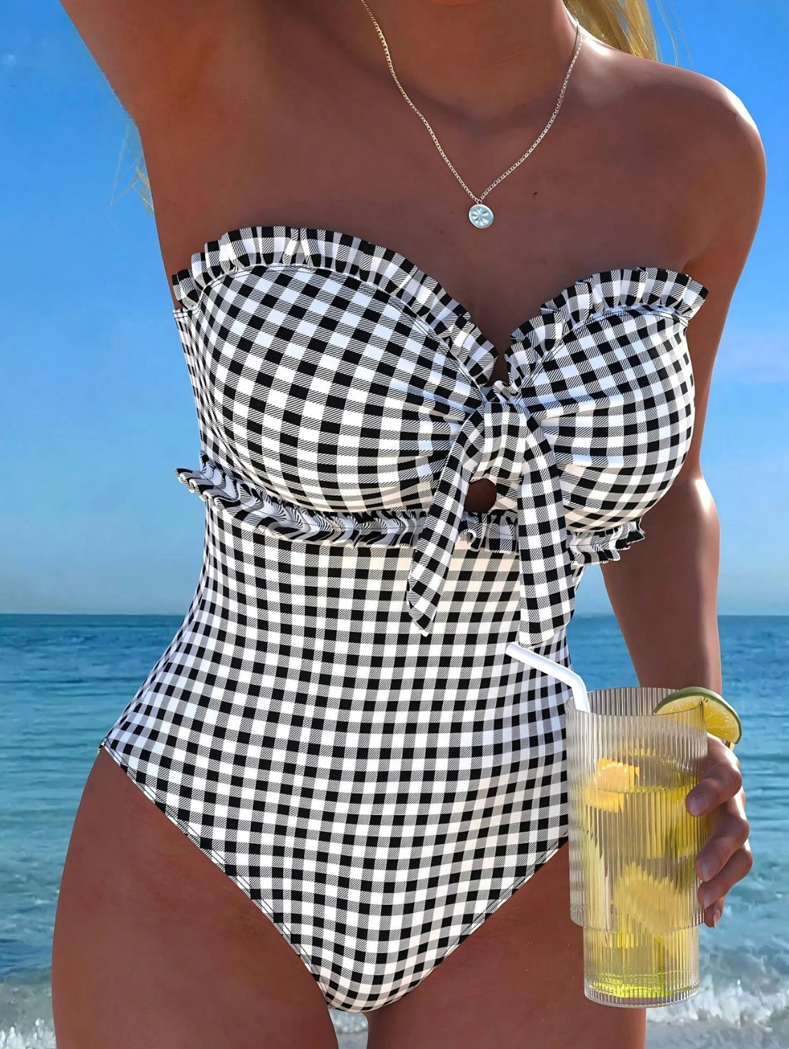 Brighton Stripe & Lace One-Piece - Elegant Bow Detail Swimsuit with Detachable Straps