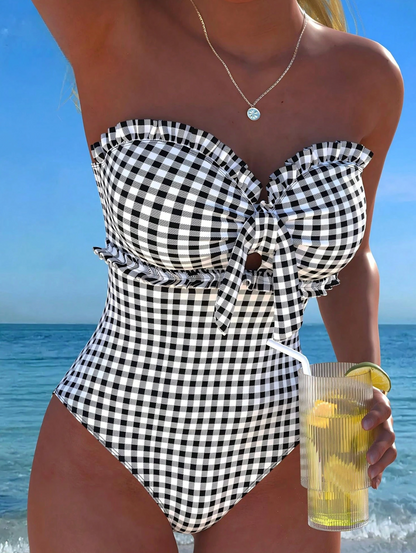 Brighton Stripe & Lace One-Piece - Elegant Bow Detail Swimsuit with Detachable Straps