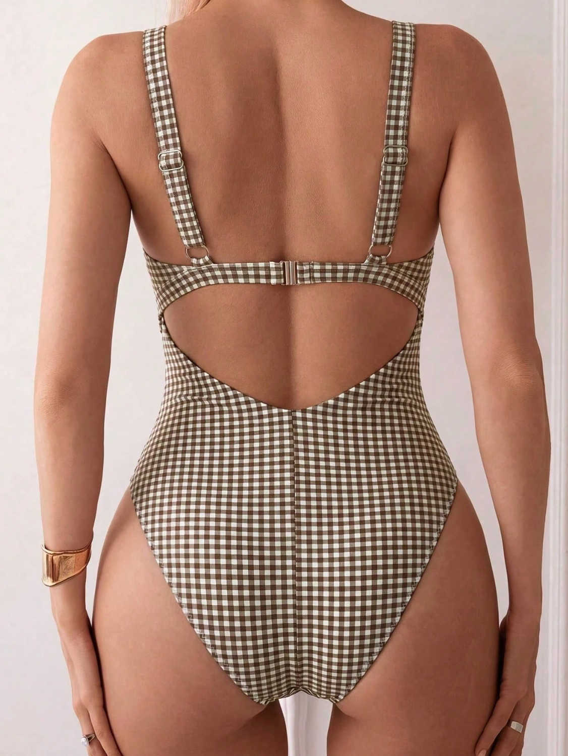 Picnic at Sea Brown Gingham One-Piece - Knotted Cut-Out Halter Swimsuit
