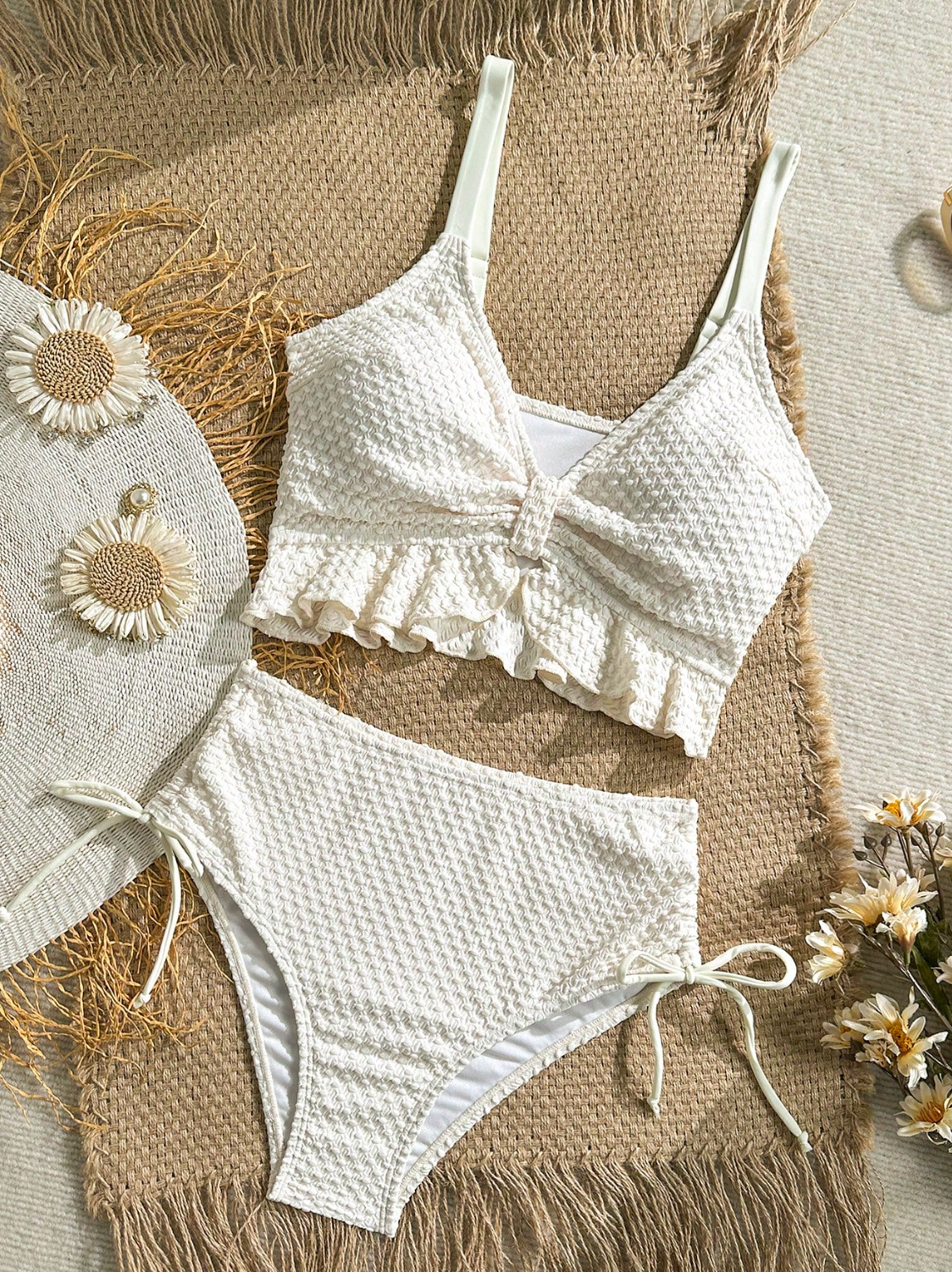 Ibiza Sweet Ruffle Textured Bikini Set - High-Waist Drawstring 2-Piece