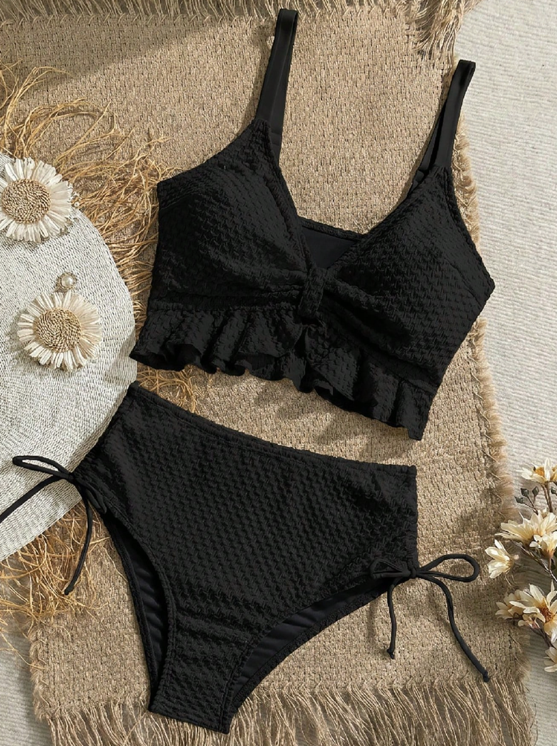 Ibiza Sweet Ruffle Textured Bikini Set - High-Waist Drawstring 2-Piece