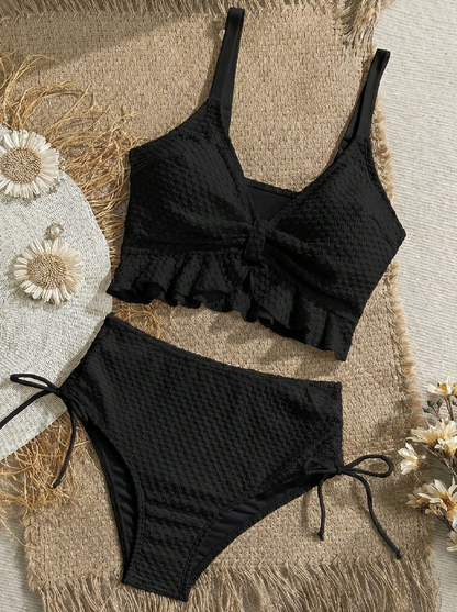 Ibiza Sweet Ruffle Textured Bikini Set - High-Waist Drawstring 2-Piece