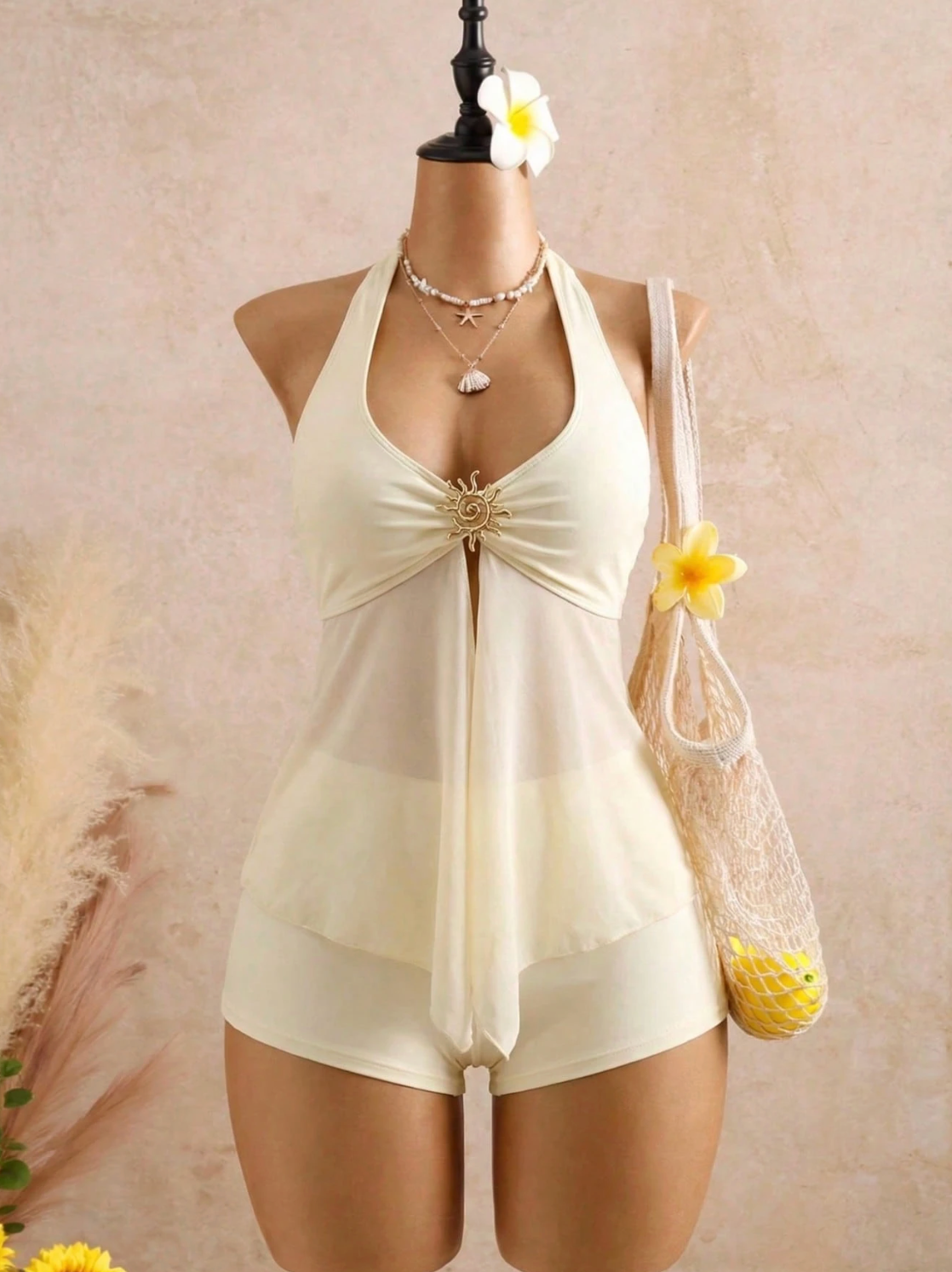 Riviera Mesh Splice Tankini Set - Elegant Spaghetti Strap Bikini with Metal Detail