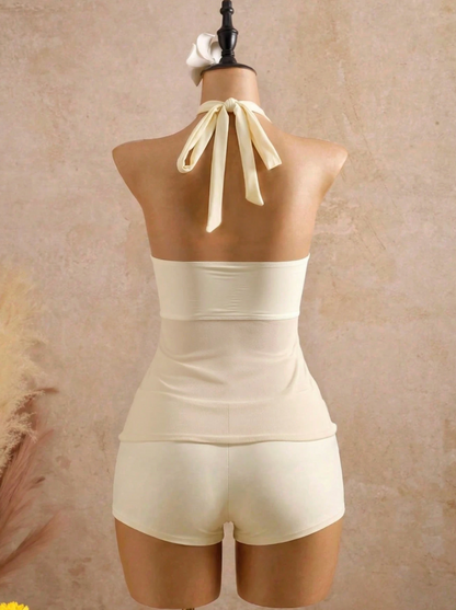 Riviera Mesh Splice Tankini Set - Elegant Spaghetti Strap Bikini with Metal Detail