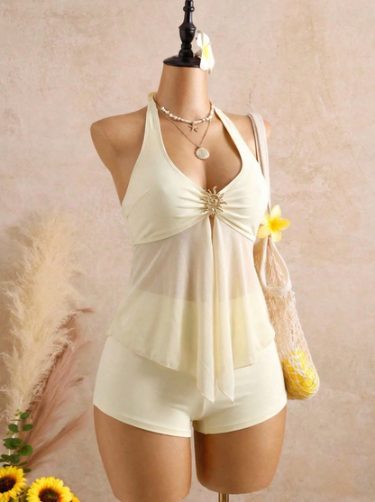 Riviera Mesh Splice Tankini Set - Elegant Spaghetti Strap Bikini with Metal Detail