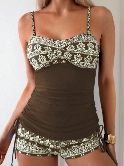 Bali Dream Side-Drawstring Tankini Set - Tropical Print 2-Piece Swimsuit