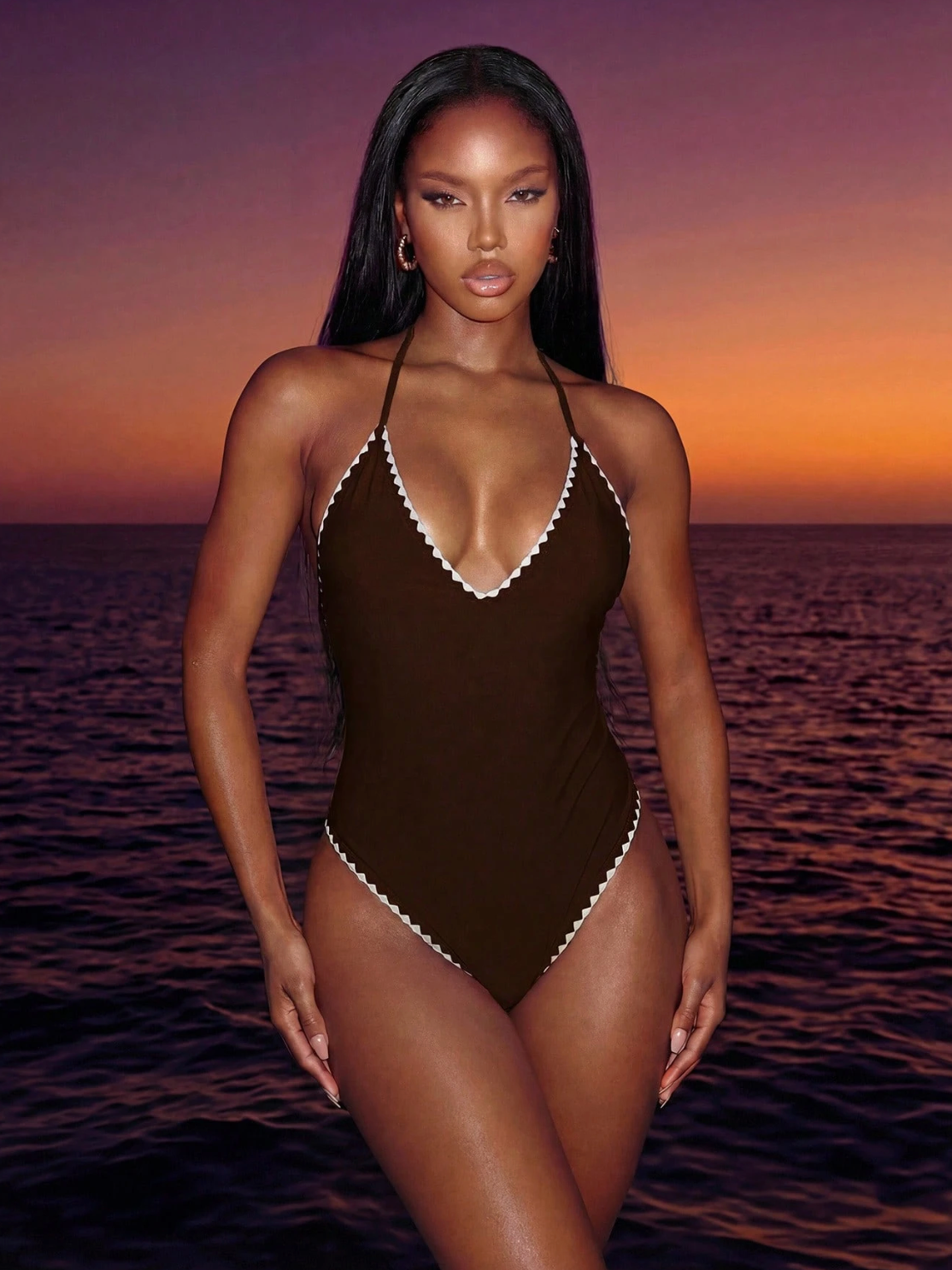 Mayfair Contrast Trim One-Piece - Elegant Emerald V-Neck Swimsuit
