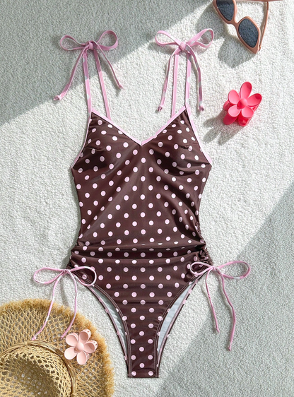 Vintage Polka Dot Spaghetti Strap One-Piece - Retro Tie-Front Holiday Swimsuit