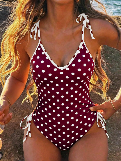 Vintage Polka Dot Spaghetti Strap One-Piece - Retro Tie-Front Holiday Swimsuit