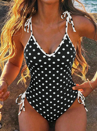 Vintage Polka Dot Spaghetti Strap One-Piece - Retro Tie-Front Holiday Swimsuit
