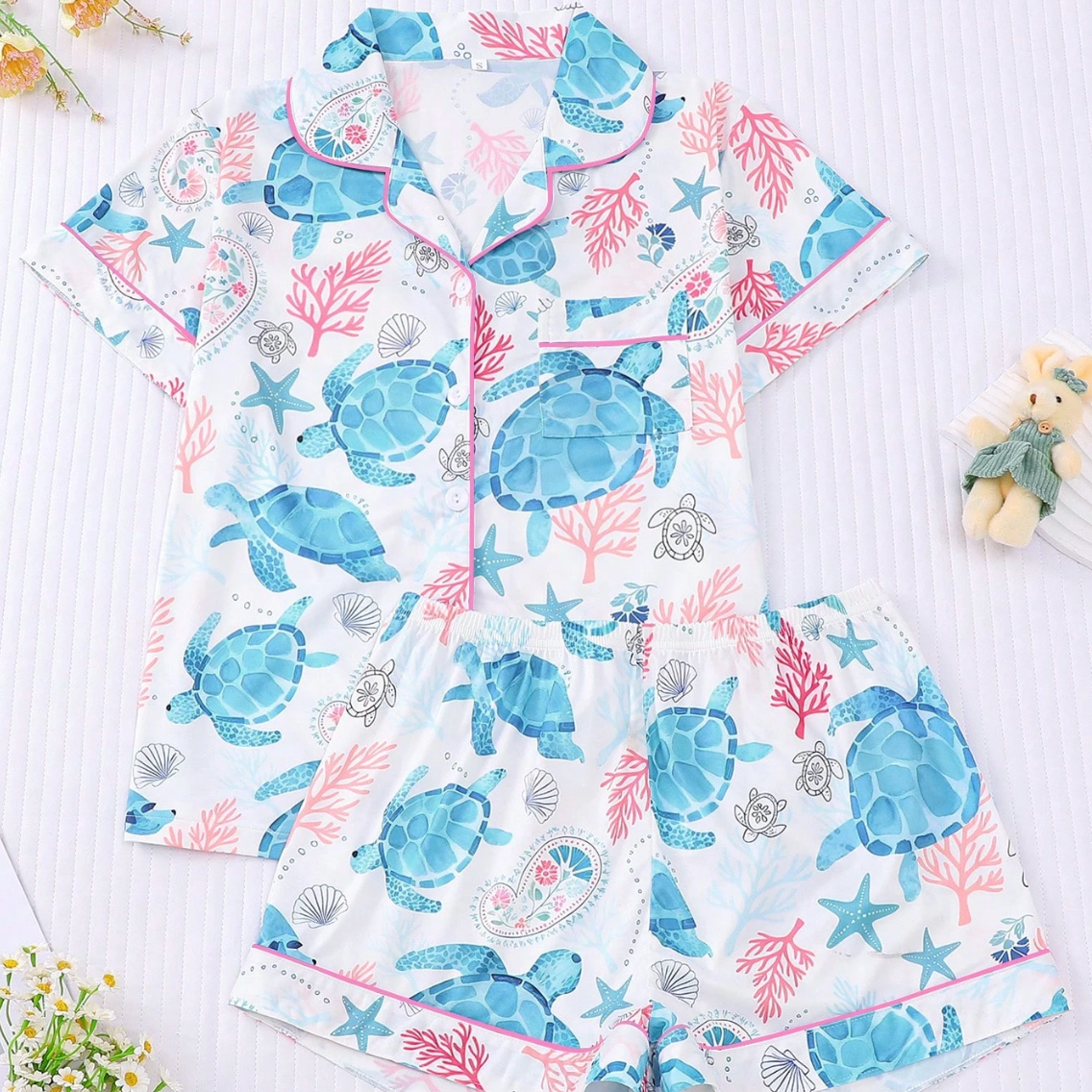 Luxury Satin Pajama Set - Sea Element Printed All-Season Outdoor & Indoor Loungewear