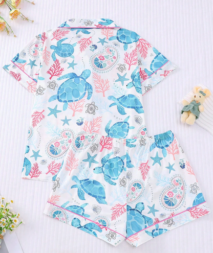Luxury Satin Pajama Set - Sea Element Printed All-Season Outdoor & Indoor Loungewear