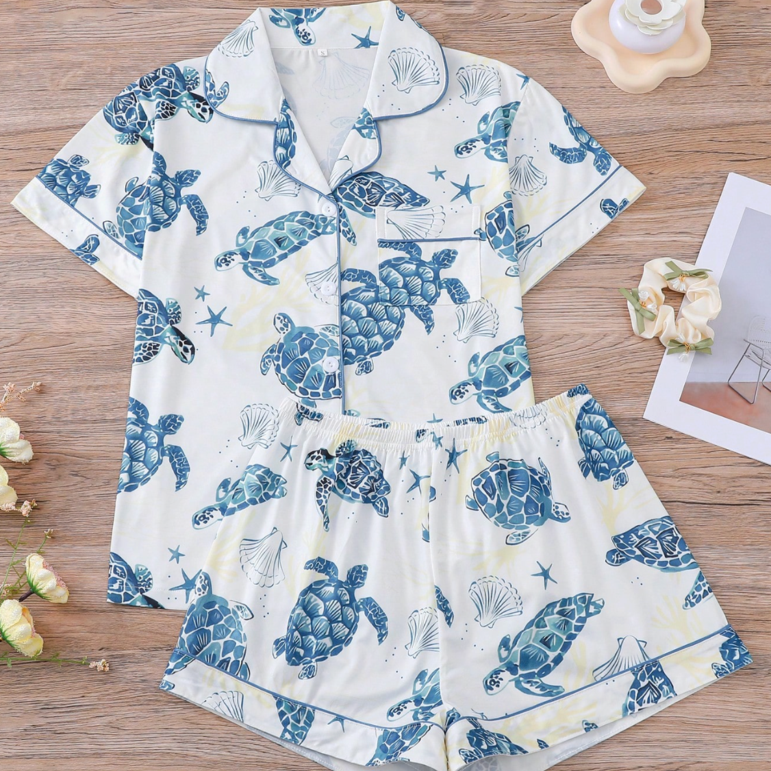 Luxury Satin Pajama Set - Cute Ocean Theme Sea Turtle Printed Short Sleeve Collared Sleepwear