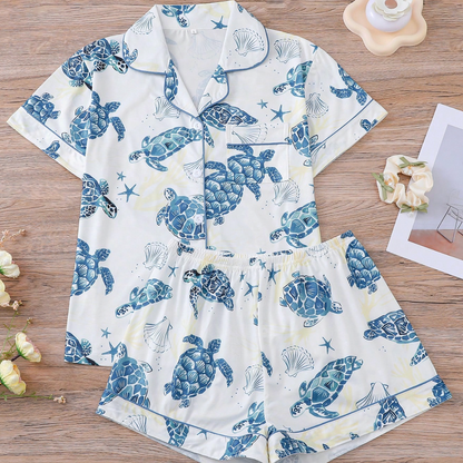 Luxury Satin Pajama Set - Cute Ocean Theme Sea Turtle Printed Short Sleeve Collared Sleepwear