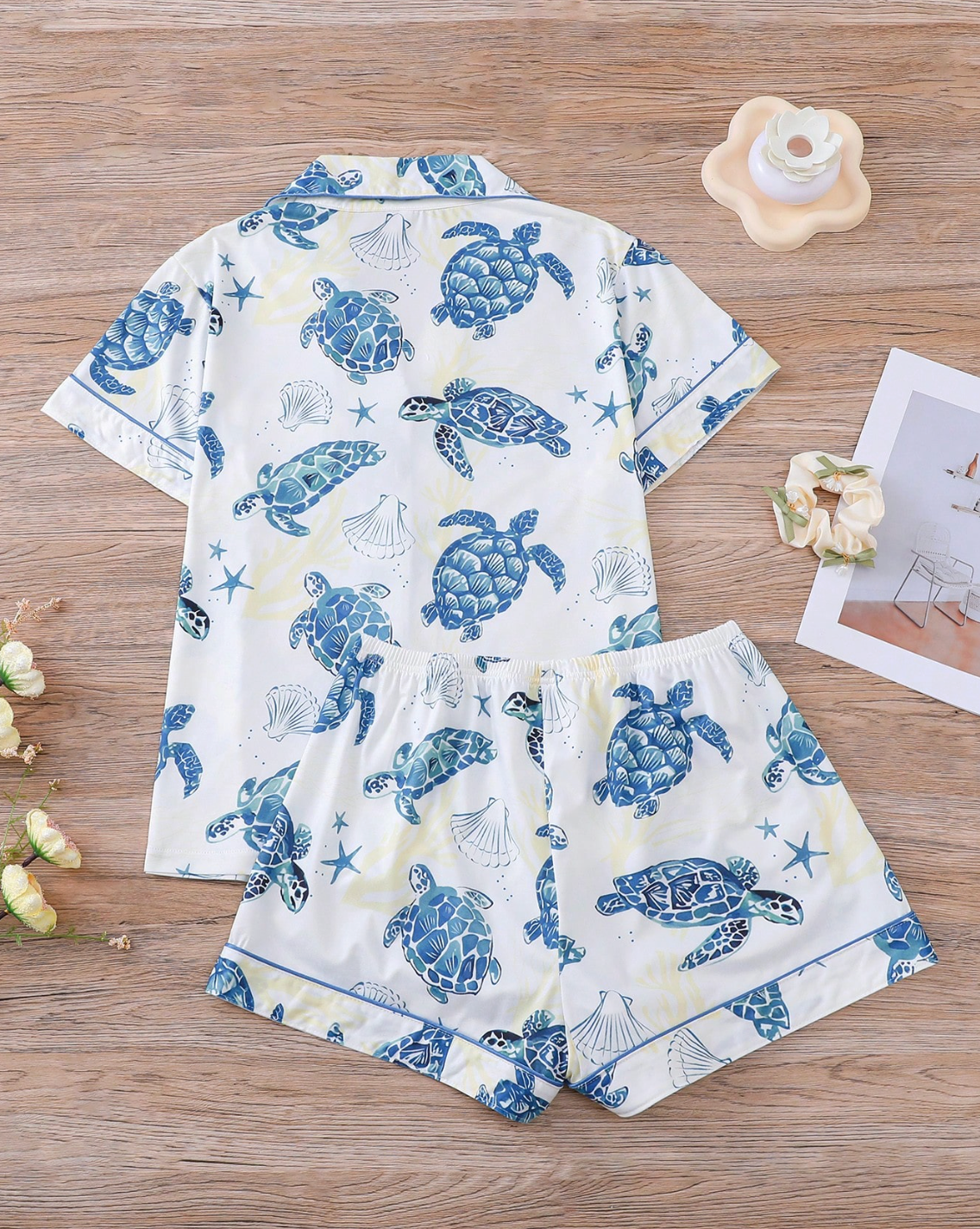 Luxury Satin Pajama Set - Cute Ocean Theme Sea Turtle Printed Short Sleeve Collared Sleepwear