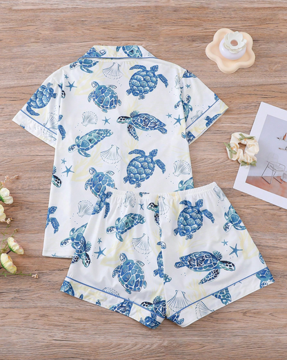 Luxury Satin Pajama Set - Cute Ocean Theme Sea Turtle Printed Short Sleeve Collared Sleepwear