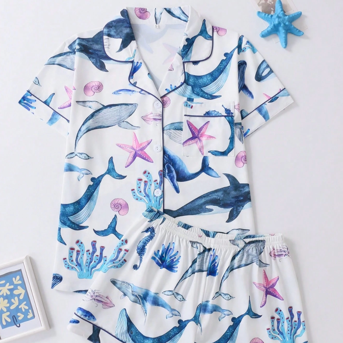 Luxury Women's & Kids' Satin Pajama Set - Whale Ocean Inspired Printed Collared Sleepwear Loungewear
