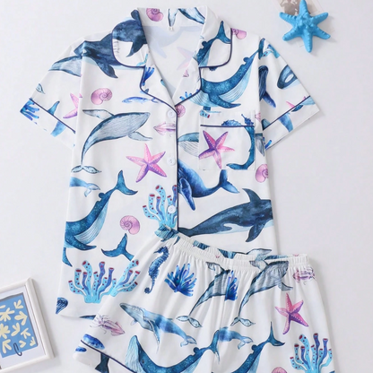 Luxury Women's & Kids' Satin Pajama Set - Whale Ocean Inspired Printed Collared Sleepwear Loungewear