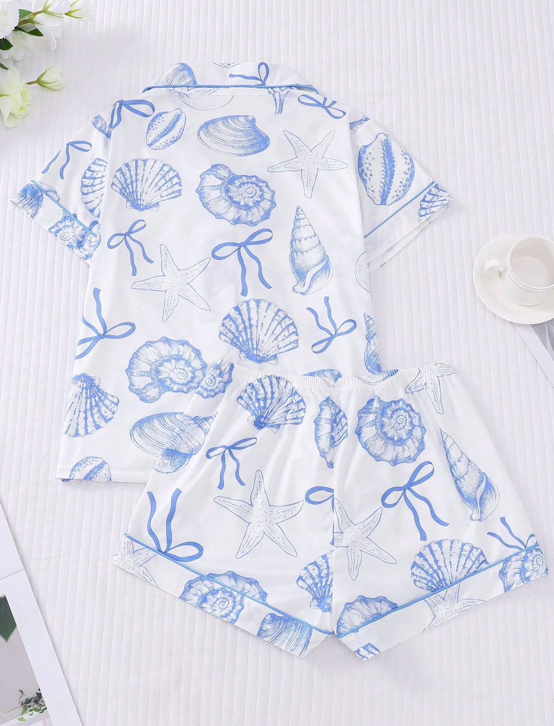 Luxury Satin Pajama Set - Ocean Shell Print Coastal Inspired Sleepwear Loungewear