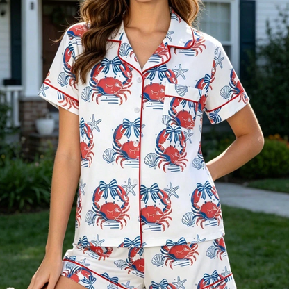 Luxury Satin Pajama Set - Lightweight & Soft Crab Patterned Summer Beach Sleepwear