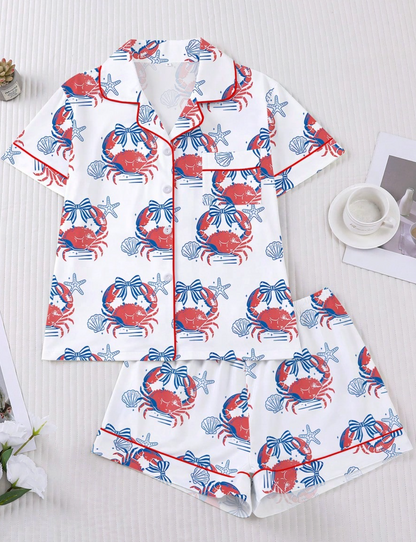 Luxury Satin Pajama Set - Lightweight & Soft Crab Patterned Summer Beach Sleepwear