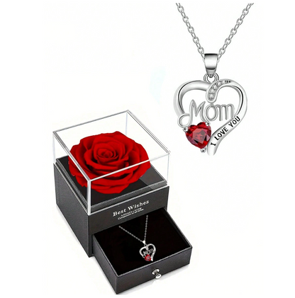 Heart-Shaped “Mom” Rose Pendant Necklace – Luxury Gift Box Set
