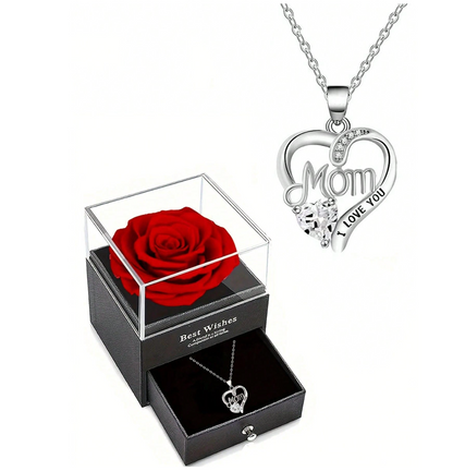 Heart-Shaped “Mom” Rose Pendant Necklace – Luxury Gift Box Set