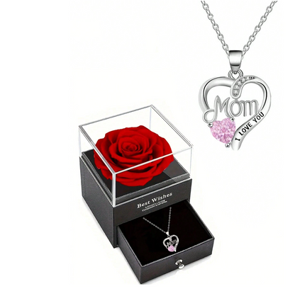 Heart-Shaped “Mom” Rose Pendant Necklace – Luxury Gift Box Set