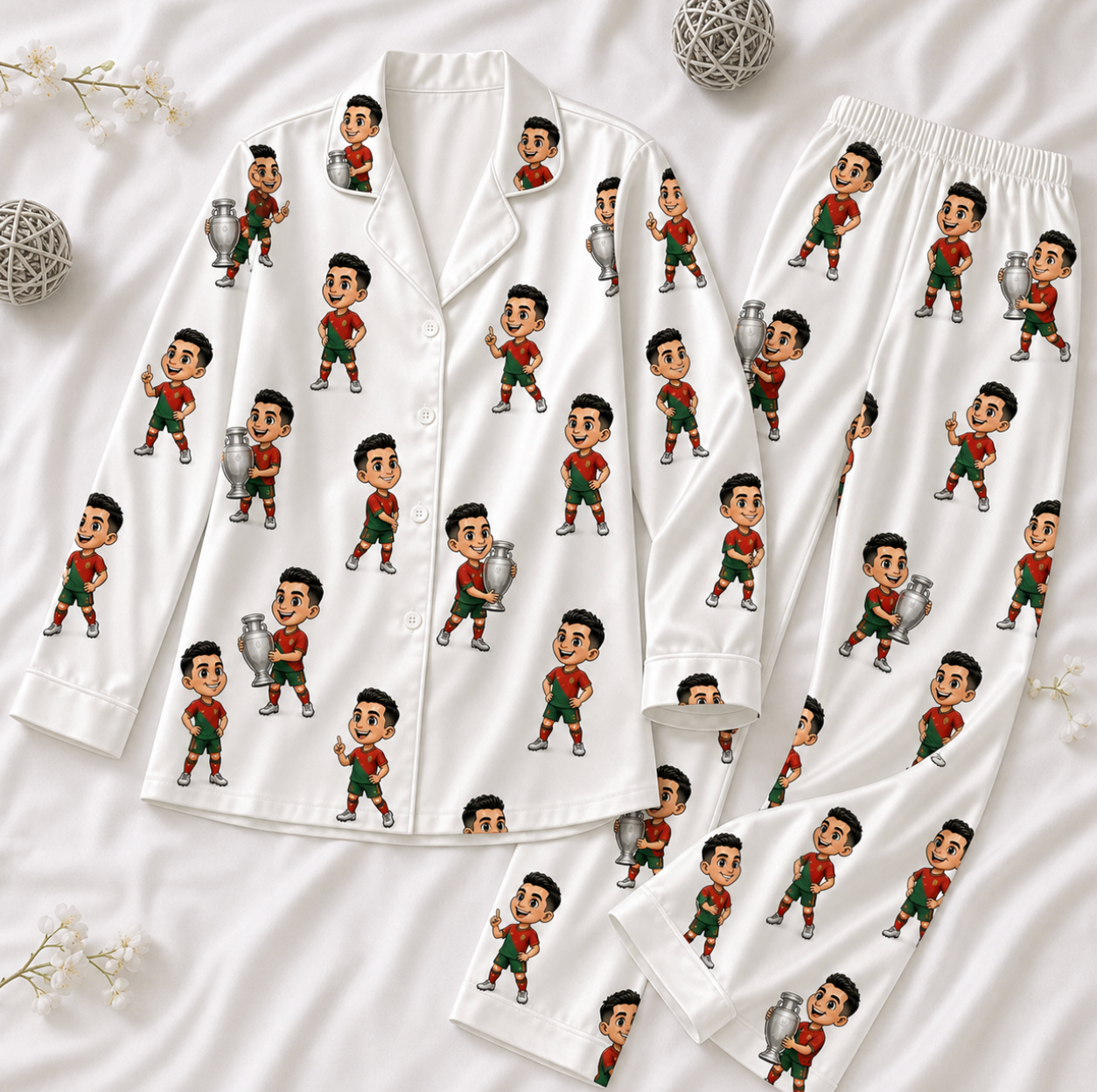 Cartoon Soccer Trophy Satin Pajamas