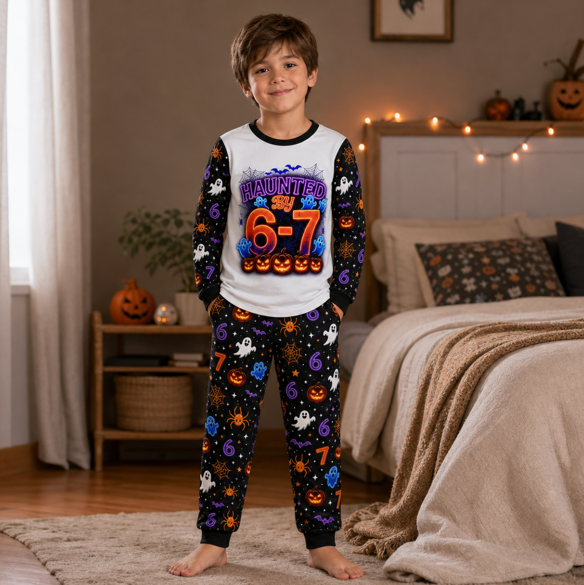 Neon Haunted 6-7 Meme Halloween Family Matching Pajamas
